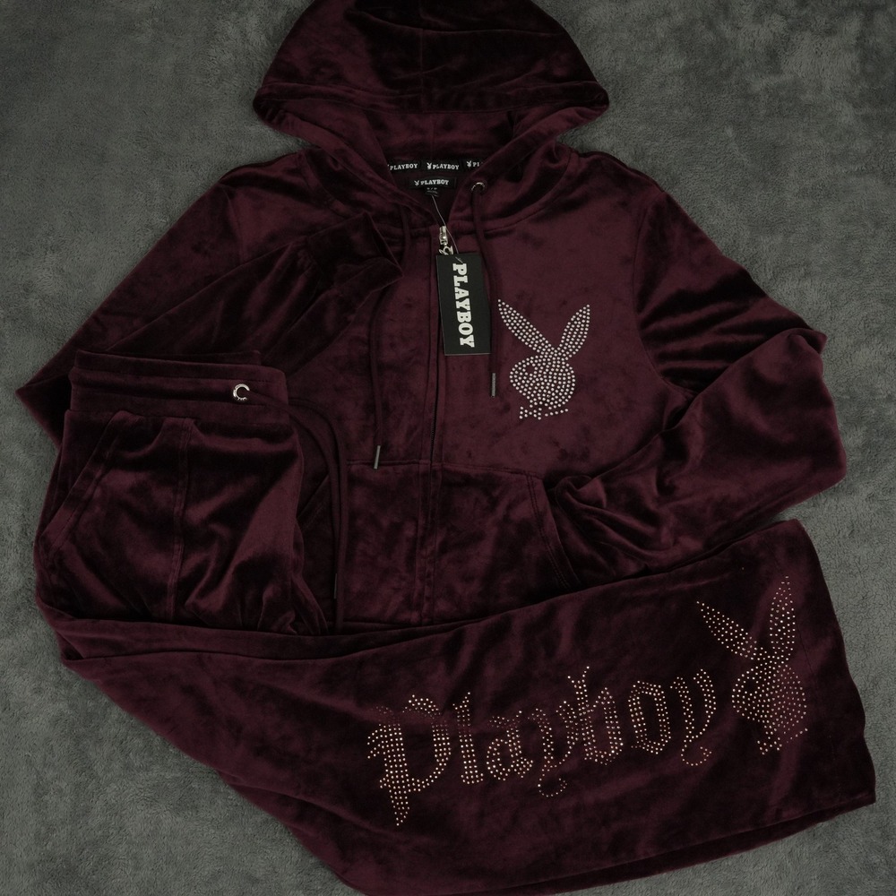 Playboy Velour Tracksuit Set Womens S‎ Burgundy Rhinestone Y2K Wide Leg Bling
